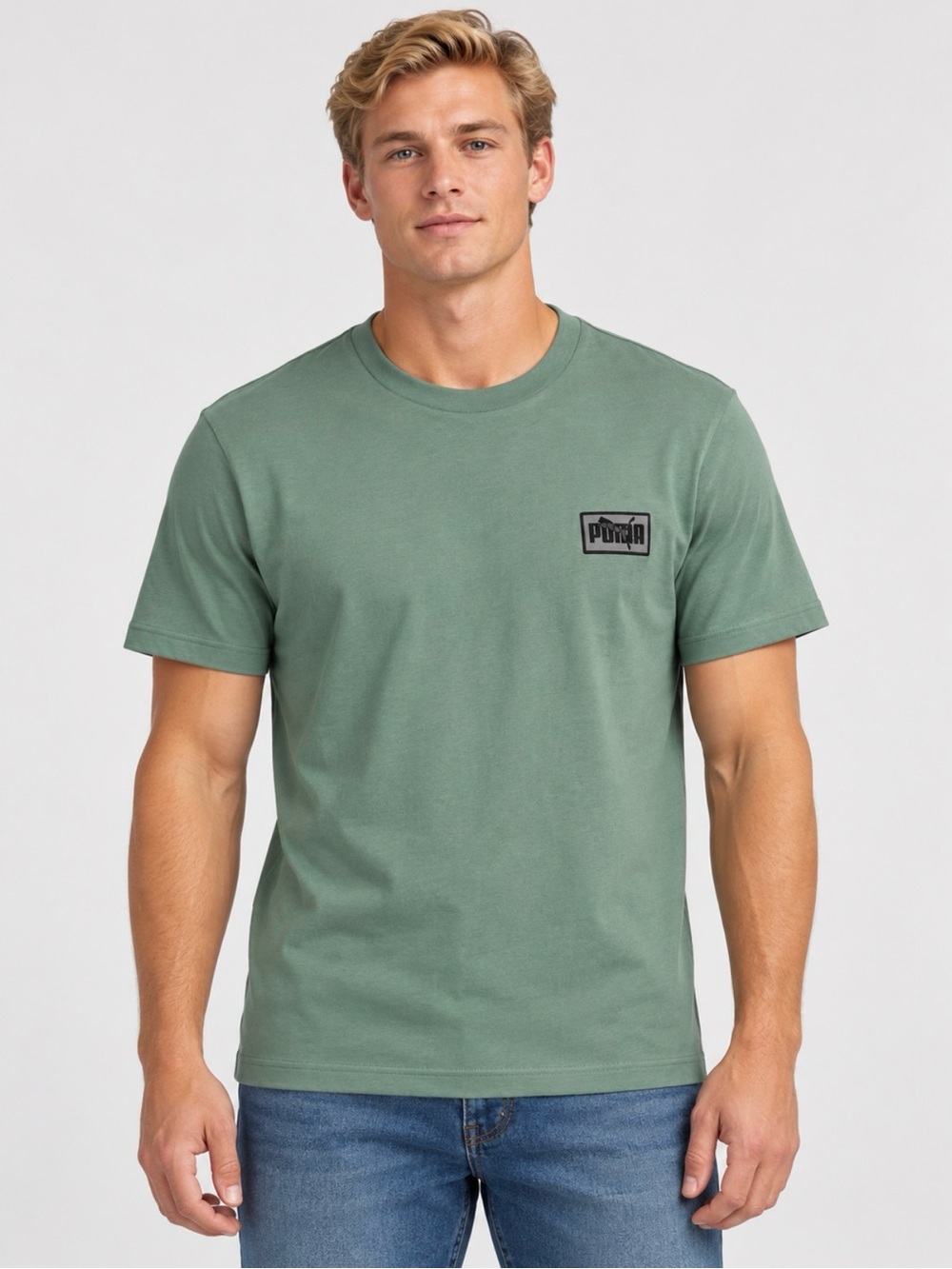 Puma Men’s Short Sleeve Crew Tee - Sage Green embroidered emblem